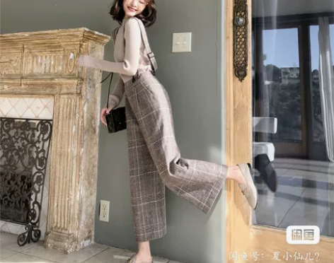 大喜自制 冬装新款复古格纹chic背带裤 ...