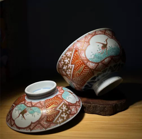 日本老盖碗，手绘 外赤绘，内青花 年代老物...