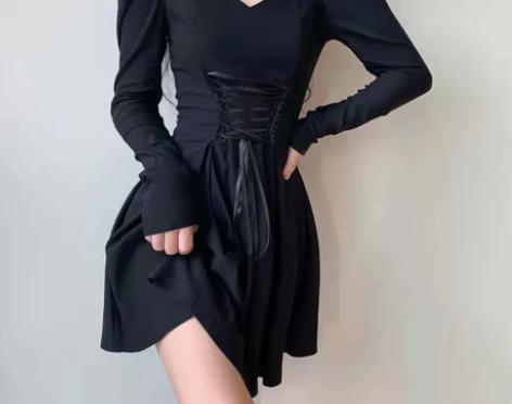 法式复古赫本风收腰系带连衣裙春秋小众设计高...