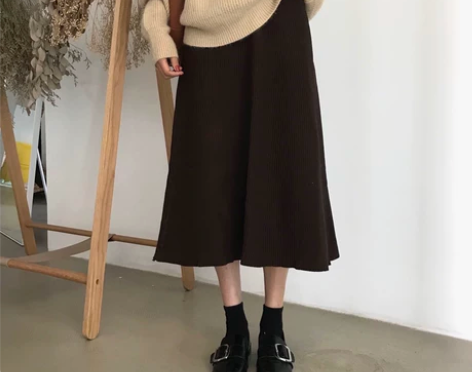?韩版新款复古高腰针织黑色半身裙百搭中长款...