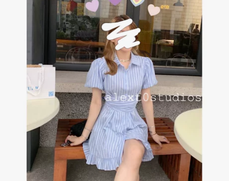 首富制显瘦10斤减龄5岁~清新条纹泡泡袖p...