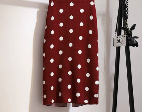 复古波点针织半身裙弹力高腰过膝中长开叉一步...