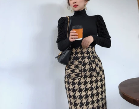 GY原创毛呢高腰格子半身裙秋冬女冬天配毛衣...