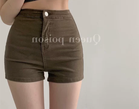 美式复古棕色牛仔短裤女夏季高腰显瘦百搭阔腿...