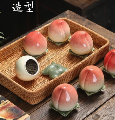 创意陶瓷茶叶罐 寿桃摆件桃子办公室桌面摆件...