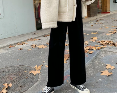 四喜家 加绒加厚复古丝绒阔腿裤/秋冬宽松坠...