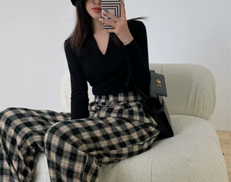 左边女装高腰格子裤女宽松直筒裤2020秋冬...