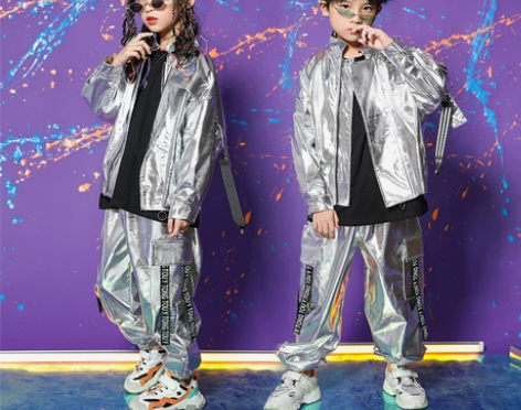 儿童街舞套装亮银皮嘻哈走秀演出服秋冬女童