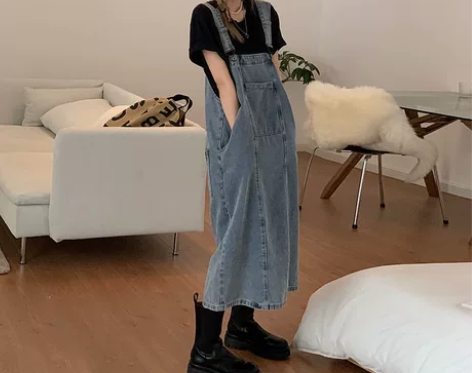 减龄盐系牛仔背带裙女春夏新款宽松开叉百搭A...