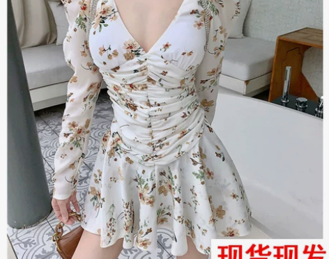 法式重工碎花V领流苏水钻连衣裙长袖女超仙收...
