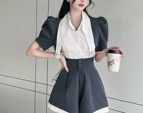 法式甜辣炸街小众设计感假两件西装衬衣女复古...