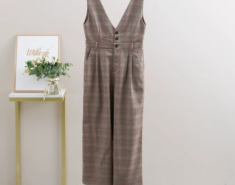 【情】系列冬装新款折扣女装  无袖V领格子...