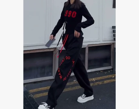 刺绣休闲运动卫裤女春秋新款炸街阔腿裤春装宽...