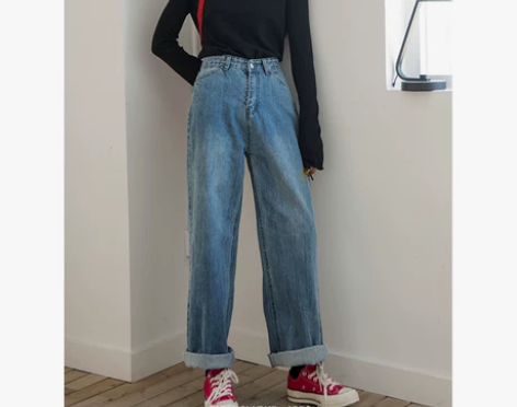 ?春秋复古美式浅色拖地阔腿牛仔裤女卷边高腰...