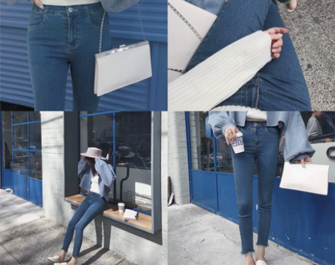 金蘑菇菇 吃土也要入的磨边高弹牛仔裤 修身...