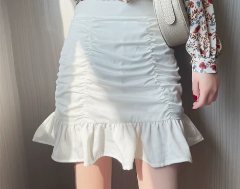 ?白色荷叶边褶皱半身裙鱼尾裙女2021春秋...