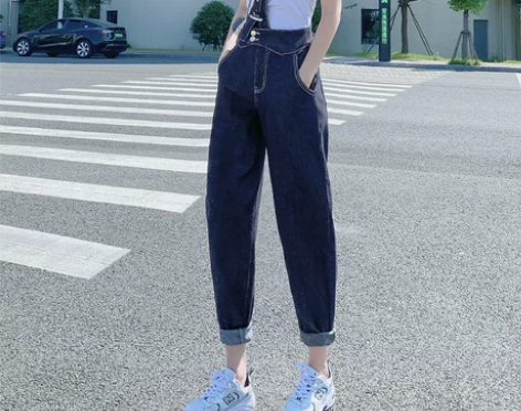 深蓝色背带牛仔裤女夏春秋装2022年新款高...