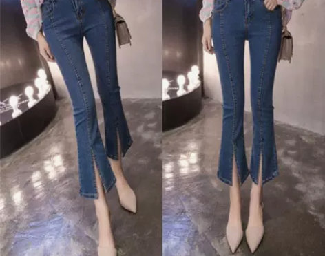 韩国2021春秋新款高腰九分开叉微喇叭牛仔...