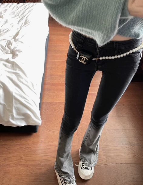 喇叭牛仔裤 牛仔裤喇叭裤高腰黑灰渐变色微喇...