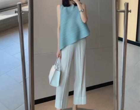 三宅褶皱裤 西装裤九分裤春夏薄款 百褶裤休...