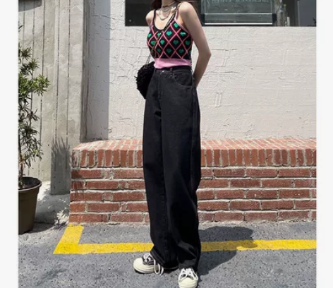 ?泫雅风复古牛仔裤女浅色宽松百搭直筒阔腿长...