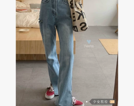 ?高腰破洞拖地牛仔裤女春装2022年新款宽...