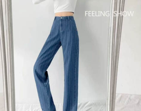 直筒蓝色提花阔腿牛仔裤女2022年新款显瘦...