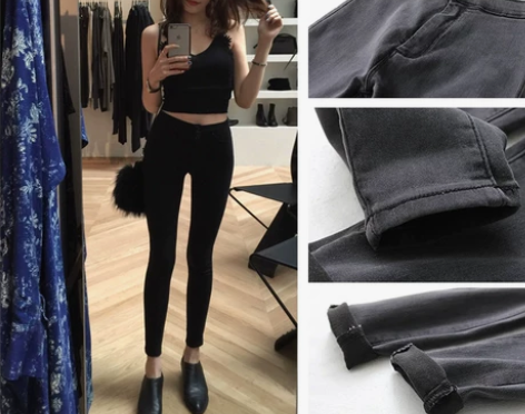 春秋新款超弹力高腰修身显瘦九分铅笔小脚裤牛...