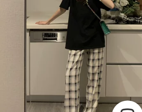 格子休闲阔腿裤女薄款夏垂感高腰黑白显瘦宽松...