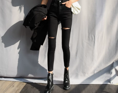 黑色破洞小脚裤牛仔裤女2020年新款潮高腰...