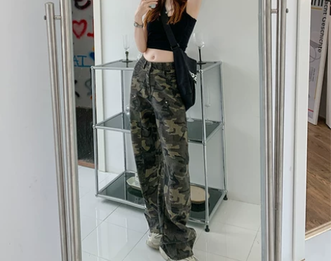 PVJ美式辣妹迷彩牛仔裤女休闲阔腿工装裤军...