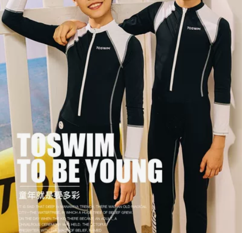 TOSWIM儿童连体泳衣男女童长袖防晒中大...