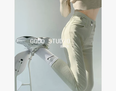 美式复古杏色牛仔裤女夏季高腰紧身显瘦小脚裤...