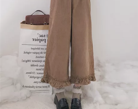 日系复古木耳边宽松显瘦休闲裤学生阔腿裤 均...