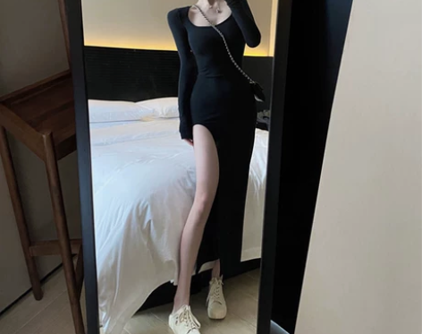 2022年收腰显瘦开叉长裙春装气质仙女法式...