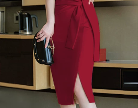 韩版系带包臀半身裙修身显瘦一步裙开叉中长款...