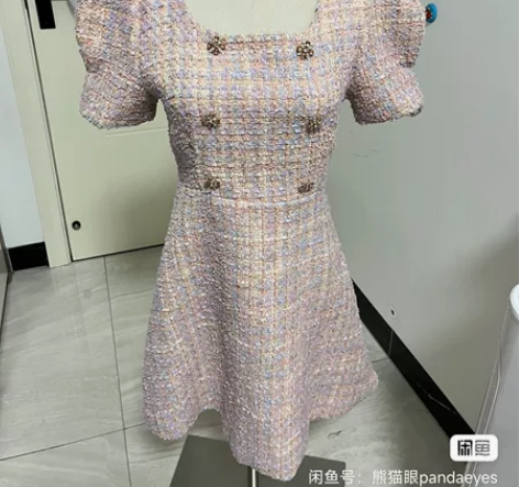 粉紫小香风方领连衣裙泡泡袖伞裙,码数m码,...