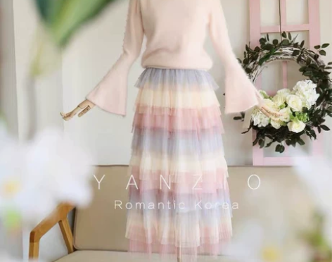 渐变色网纱慵懒半身裙奶甜温柔蛋糕裙多层次蓬...