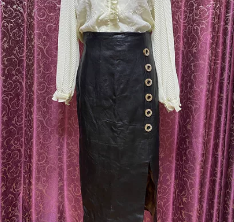 90年代港风怀旧女士真皮半身皮裙 腰围76...