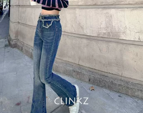 2022年秋冬修身百搭长裤复古高腰微喇叭毛...