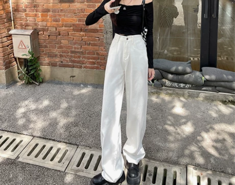 白色阔腿牛仔裤女2022年春秋新款高腰显瘦...