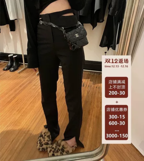 区区欧阳辣妹黑色开叉裤子女秋冬高腰直筒显瘦...