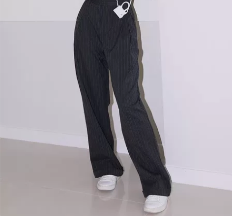直筒条纹显瘦西装休闲裤女美式复古气质垂感高...