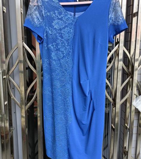 天兰品牌 普蓝色蕾丝拼接短袖连衣裙 蓝色、...