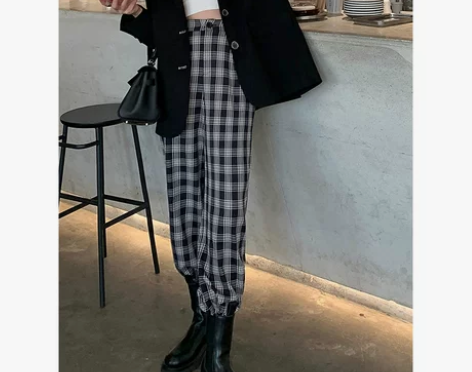 【胡楚靓 爱豆机场裤】日系复古格子裤女宽松...