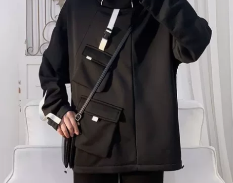 设计感黑白织带口袋卫衣男秋冬款连帽外套in...