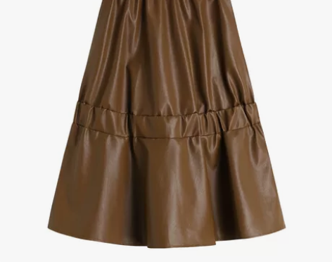 咖啡色松紧腰PU皮半身裙女春秋高腰中长款小...