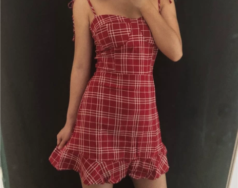 田园风格子印花紧身胸衣迷你荷叶边连衣裙法式...