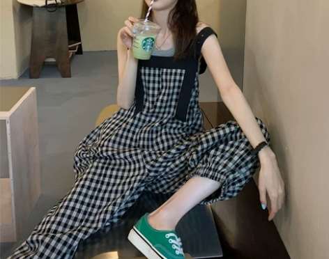 格子背带裤女夏季薄款2021新款小个子韩版...