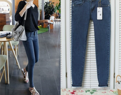 全新！ 韩范牛仔裤铅笔裤小脚/深蓝色 腰围...